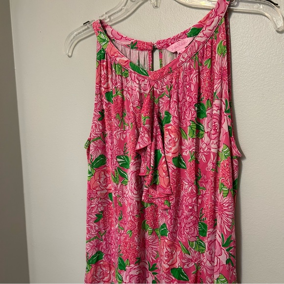 Lilly Pulitzer Pink Floral Pattern Ruffle Tank Casual Top Size 14 Silk - Picture 3 of 8